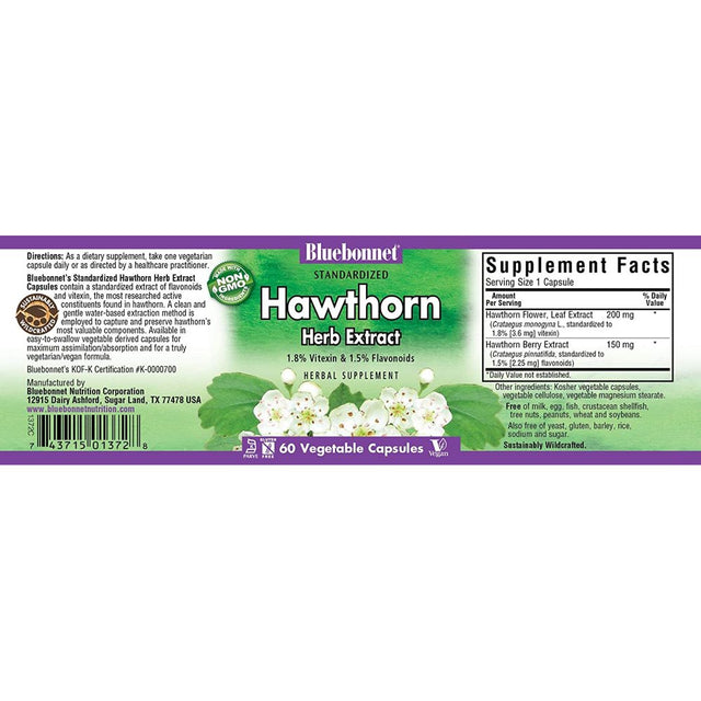 Hawthorn Herb Extract Supplement, 60 Count, Formulated with 200 Mg Sustainably Wildcrafted Hawthorn Flower, Leaf Extract Standardized to 1.8% (3.6 Mg) Vi...
