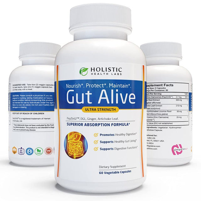 Gut Alive for Restoring Gut Lining - All Natural Support to Fight Leaky Gut, IBS, Heartburn, Acid Indigestion, Acid Reflux, Bloating & Gas. Unique Formulation. 60 Capsules.