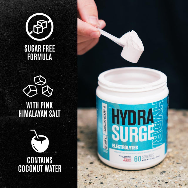 HYDRASURGE Electrolyte Powder - Hydration Supplement with Key Minerals, Himalayan Sea Salt, Coconut Water, More - Keto Friendly, Sugar Free & Naturally Sweetened - 60 Servings, Refreshing Fruit Punch