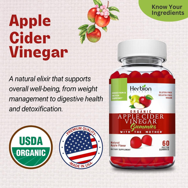 Herbion Naturals Organic Apple Cider Vinegar Gummies with the “Mother”, Digestion and Detox Support, Pectin Based, Vegan, Made in the USA - (Pack of 3, 180 Gummies)