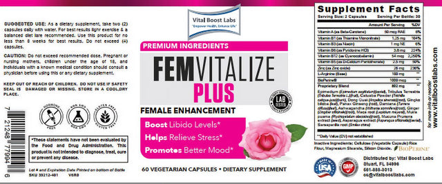 FEMVITALIZE plus (FEMALE ENHANCEMENT) 60 VEGETARIAN CAPSULES - VITAL BOOST LABS