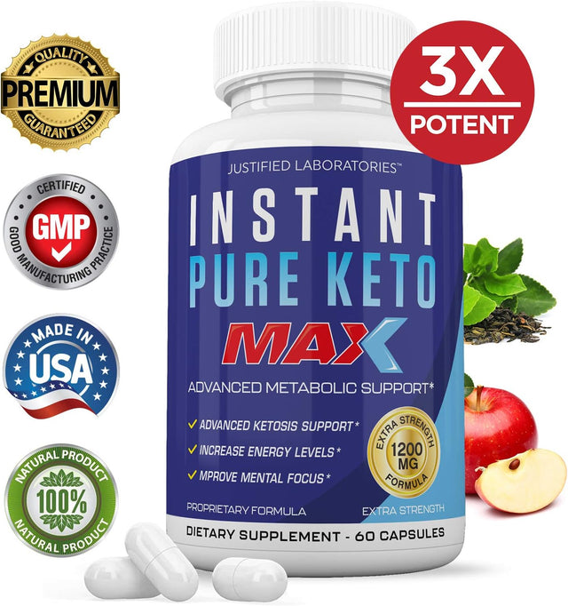 Instant Pure Keto Pills Max 1200MG Keto Pills Advanced BHB Ketogenic Supplement Exogenous Ketones Ketosis for Men Women 60 Capsules 1 Bottle