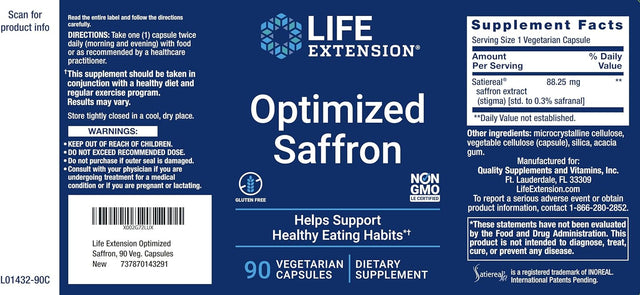 Life Extension Optimized Saffron Extract with Satiereal, 90 Veg Caps (Pack of 2) - 88.25 Mg