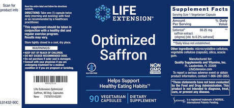 Life Extension Optimized Saffron Extract with Satiereal, 90 Veg Caps - 88.25 Mg