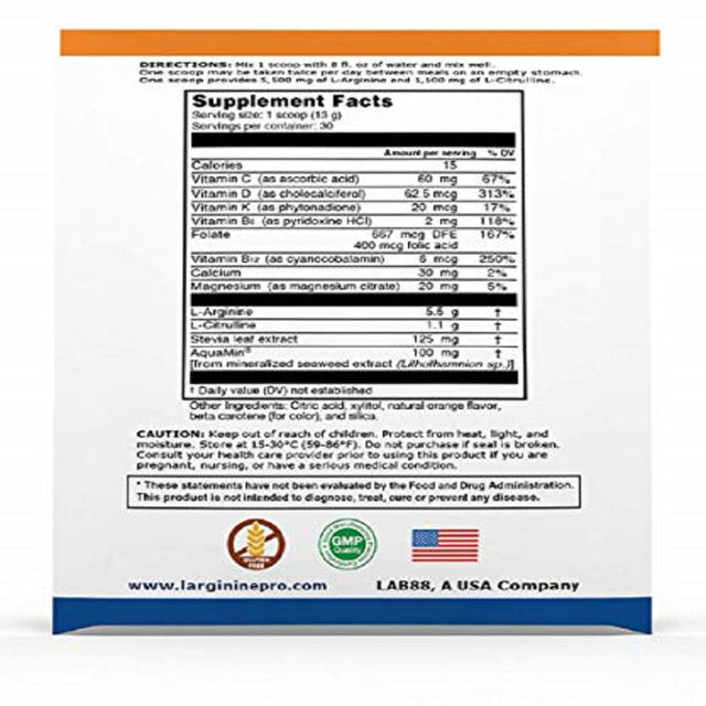 L-ARGININE PRO Powder Packets - 5500Mg L-Arginine, 1100Mg L-Citrulline Cardio Health (Citrus Orange 1 Bag)