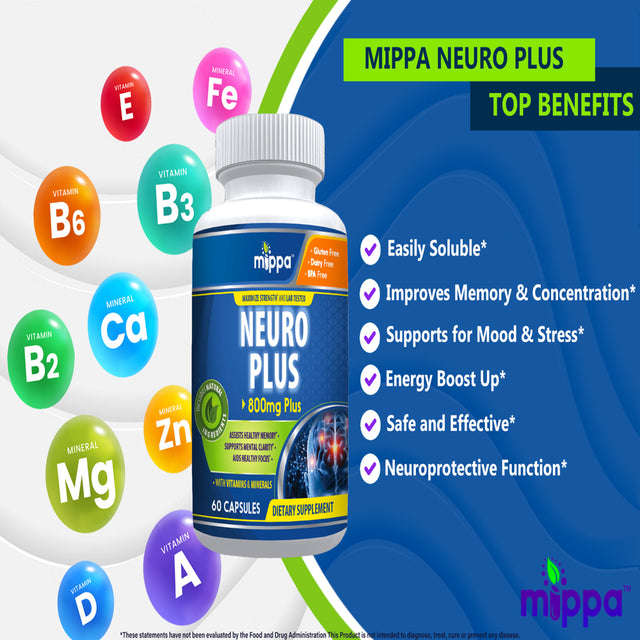 Mippa Neuro plus Brain Booster Supplement for Mental Clarity - 60 Capsules