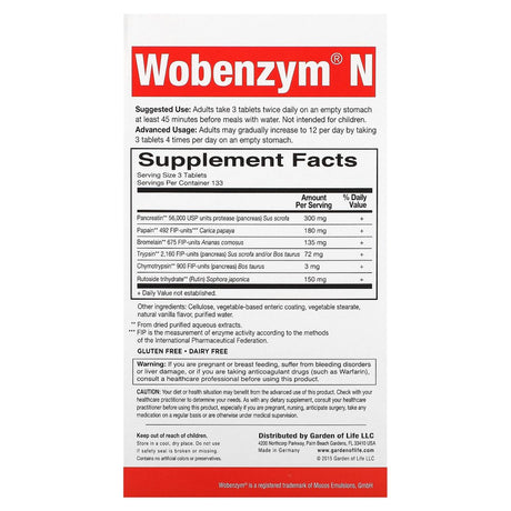 Garden of Life Wobenzym N Inflammation and Joint Support Tablets, 400 Ct