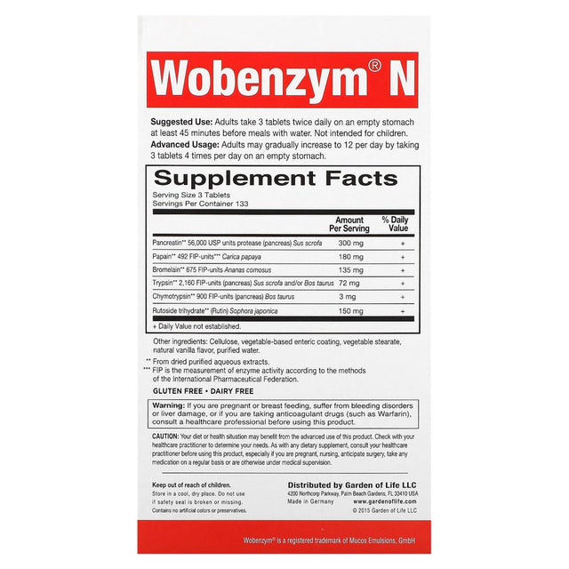 Garden of Life Wobenzym N Inflammation and Joint Support Tablets, 400 Ct