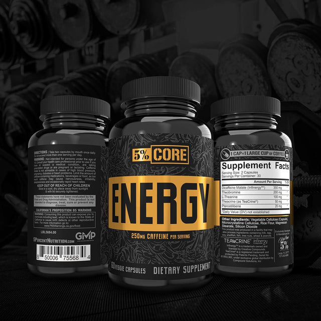 5% Nutrition Core Energy | Sustained Focus, Energy & Cognitive Performance W/Infinergy Caffeine, L-Theanine, Theobromine, Teacrine, Pterostilbene (30 Servings / 60 Vegcaps)