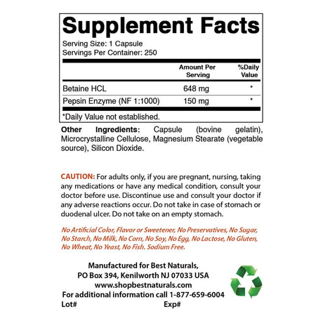 3 Pack Best Naturals Betaine HCL 648 Mg 250 Capsules