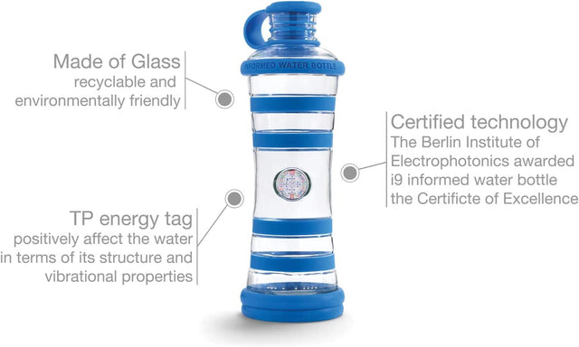 I9Bottle Blue - Structured Water, Glass Water Bottle, Relieve Stress, Super Hydration, Increases Physical Fitness, Body Detox, Chakra Balancing, Increases Strength, Spiritual Gifts, Meditation