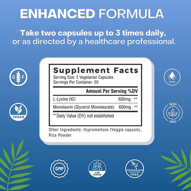 L-Lysine + Monolaurin 600Mg 1:1 Ratio, 100 Capsules