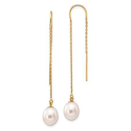 Finest Gold 14K Yellow Gold 7-8 Mm White Rice Freshwater Cultured Pearl Dangle Threader Earrings
