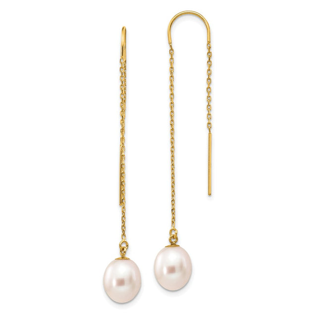 Finest Gold 14K Yellow Gold 7-8 Mm White Rice Freshwater Cultured Pearl Dangle Threader Earrings