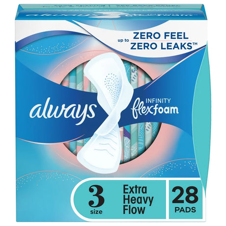 Always Infinity Feminine Pads with Wings, Size 3, Extra Heavy Absorbency, Unscented, 28 Ct