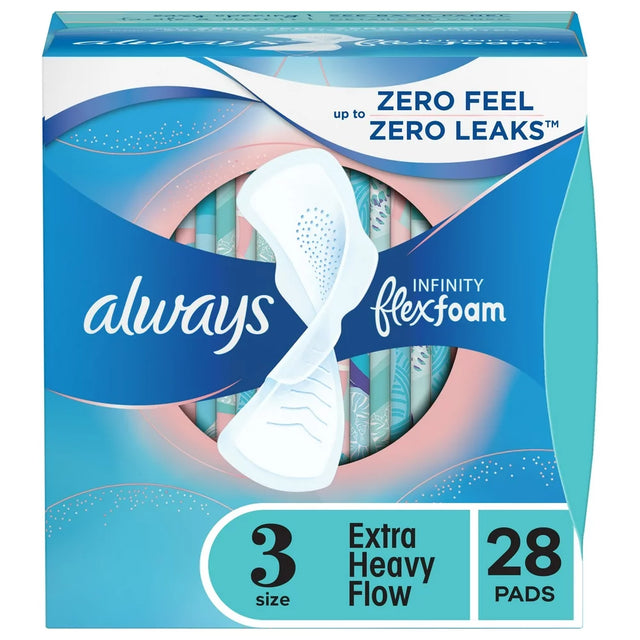 Always Infinity Feminine Pads with Wings, Size 3, Extra Heavy Absorbency, Unscented, 28 Ct