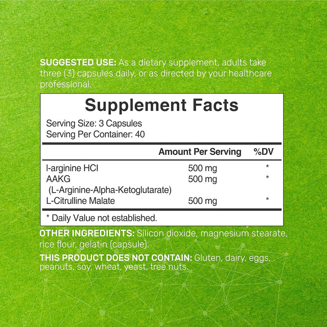 L-Arginine 1500 Mg, 120 Capsules, 3-1 Support, Arginine HCL, AAKG & L-Citrulline, Nitric Oxide Booster, Extra Strength L-Arginine Supplement