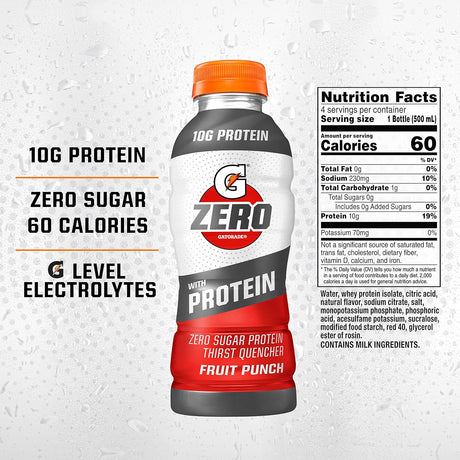 Gatorade Zero with Protein, 10G Whey Protein Isolate, Zero Sugar, Electrolytes, Fruit Punch, 16.9 Fl Oz, 12 Pack