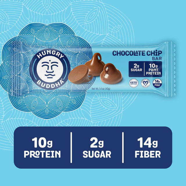 HUNGRY BUDDHA Bars - Plant Based Protein Bars - Vegan Nutrition Bars - Low Sugar Healthy Snacks - Gluten Free Snack Bars - Peanut Free - Protein Bar - Keto Bar - 12 Count [Chocolate Chip]