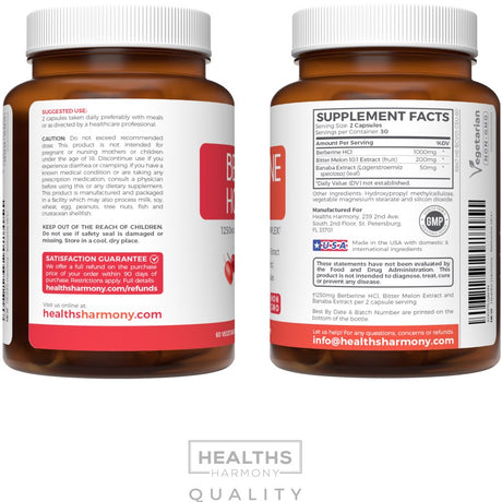 Healths Harmony Berberine HCL 500Mg with Bitter Melon & Banaba - Blood Sugar Support Supplement with AMPK Metabolic Activator, 60Ct