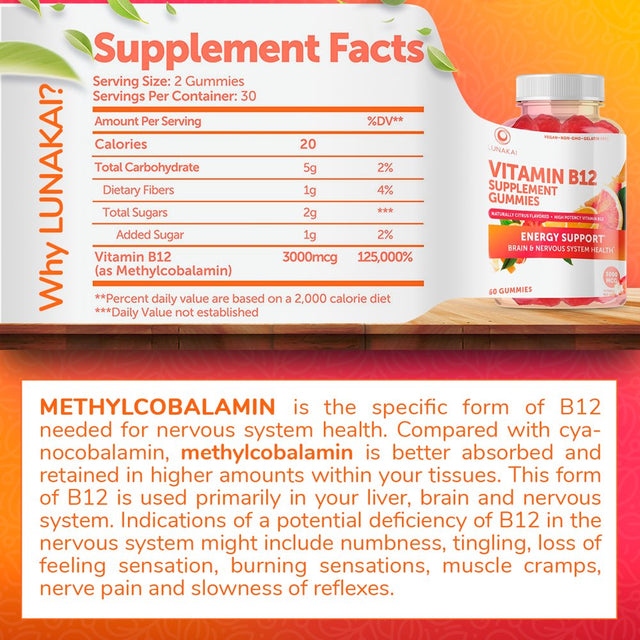 Lunakai Vitamin B12 Gummies Non-Gmo Vegan Paleo No Corn Syrup, 30 Day Supply
