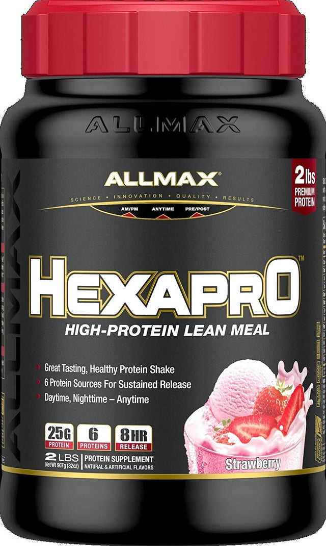 ALLMAX HEXAPRO, Strawberry - 2 Lb - 25 Grams of Protein per Serving - 8-Hour Sustained Release - Zero Sugar - 21 Servings