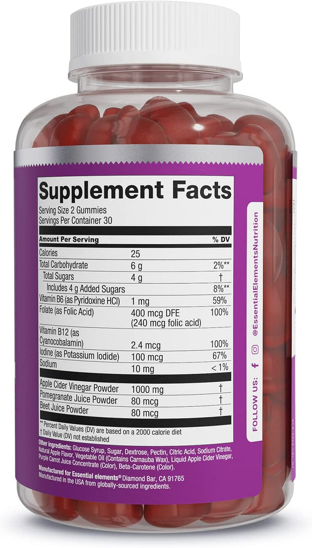 Essential Elements Apple Cider Vinegar Gummies from the Mother - Naturally-Sourced, Vegan ACV with Folic Acid and Vitamin B6 & B12 60 Count