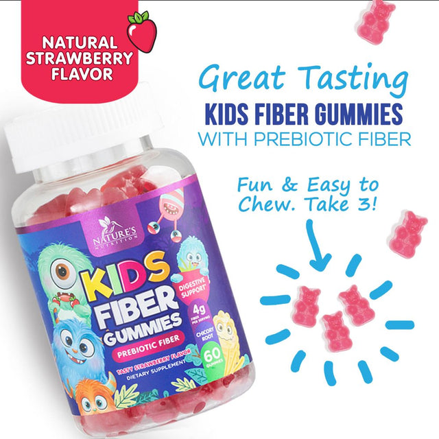 Kids Fiber Gummy Bears Supplement - Daily Prebiotic Fiber for Kids, Supports Regularity, Digestive Health & Immune Support, Nature'S Plant Based Chicory Root Vitamins, Vegan, Berry Flavor, 60 Gummies