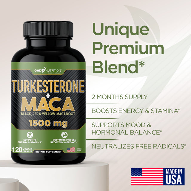 Gade Nutrition Maca Root Powder Capsules with Turkesterone 2 Month Supply with Black, Red, Yellow Peruvian Maca for Both Men & Women