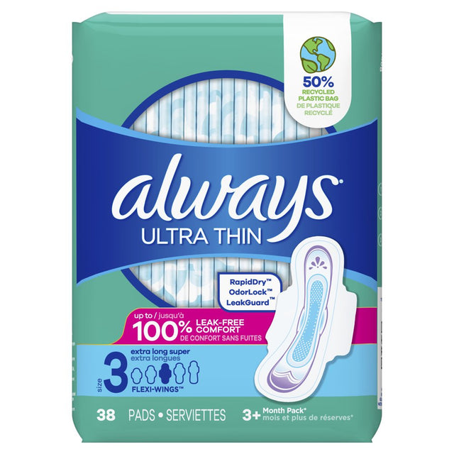 Always Ultra Thin Daytime Pads with Wings, Size 3, Extra Long Super, 38 Ct