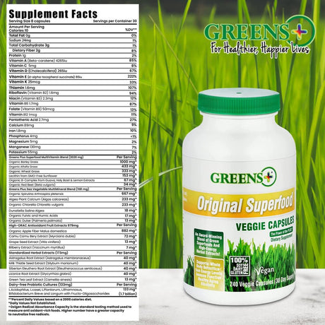 Greens plus Capsules Superfood Greens Supplements, Organic, Vegan, Veggie Capsules - 240 Count
