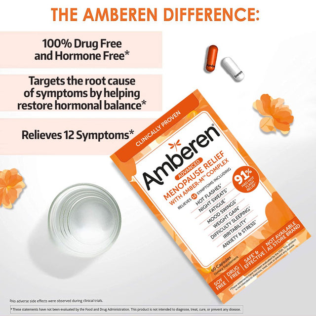 Amberen Multi-Symptom Menopause Relief Supplements for Women, Hot Flash & Night Sweats Relief, 60 Count