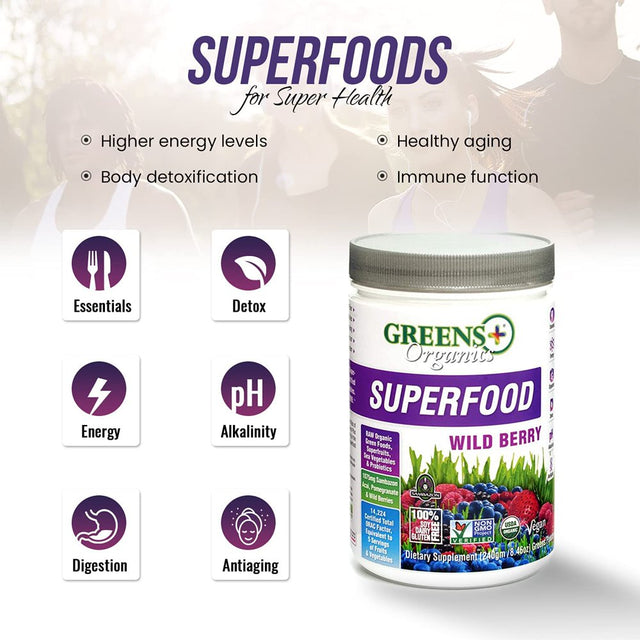 Greens plus Wild Berry Organic Greens Superfood, Greens Powder Dietary Supplement, 30 Servings