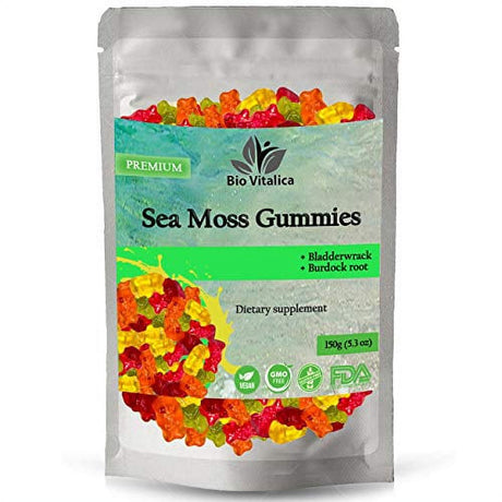 Irish Sea Moss Gummies with Burdock Root + Bladderwrack - Wildcrafted Sea Moss Raw Organic Gummy with Sea Moss Gel & Powder - Seamoss Gummies Vegan - Dr Sebi Sea Moss Diet - Immunity & Detox, Energy
