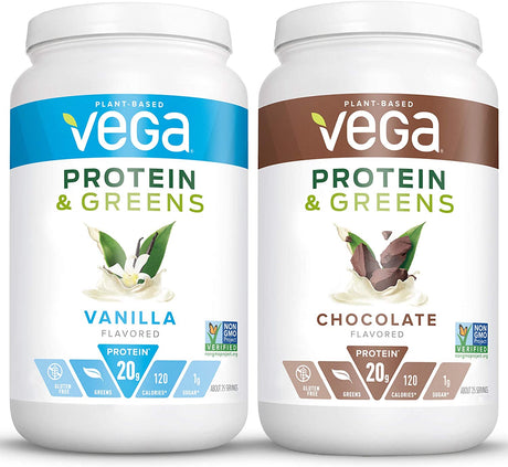 Vega Protein & Greens Bundle, Chocolate + Vanilla (25 Servings Each) - Plant Based Protein Powder, Keto-Friendly, Gluten Free, Non Dairy, Vegan, Non Soy, Non GMO, Lactose Free