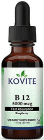 Kovite Kosher Vitamin B12 Liquid Drops 5000 Mcg - Raspberry Flavor - 1 Fl Oz