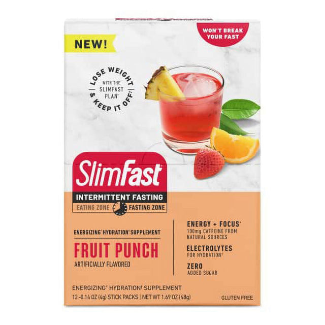 Hydration Packets, Slimfast Intermittent Fasting Electrolytes, Energy Powder Drink Mix, Caffeine from Natural Sources- Fruit Punch (12 Count)