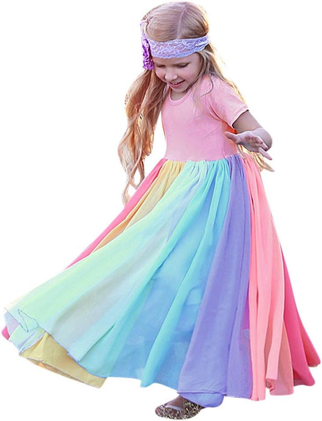 12M-6T Children'S Girls Rainbow Skirt Short Sleeve Stitching Princess Dress,Gown Birthday Party Dresses