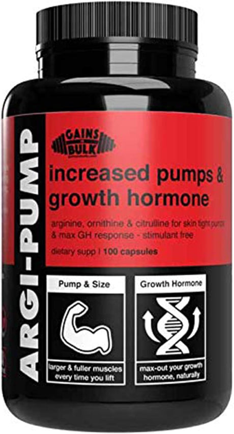 Gains in Bulk, Argi Pump, L-Arginine Nitric Oxide Booster with L-Citrulline and L-Ornithine, Nitric Oxide Supplements, 100 Vegetarian Capsules