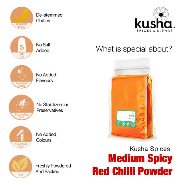 Kusha Spices & Blends Red Chilli Powder Medium Spicy 100% Natural Finely Ground