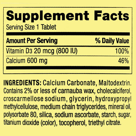 Spring Valley Calcium plus Vitamin D Tablets Dietary Supplement, 600 Mg, 250 Count
