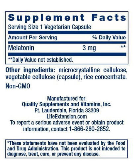 Life Extension Melatonin Vegetarian Capsules, 3Mg, 60 Ct