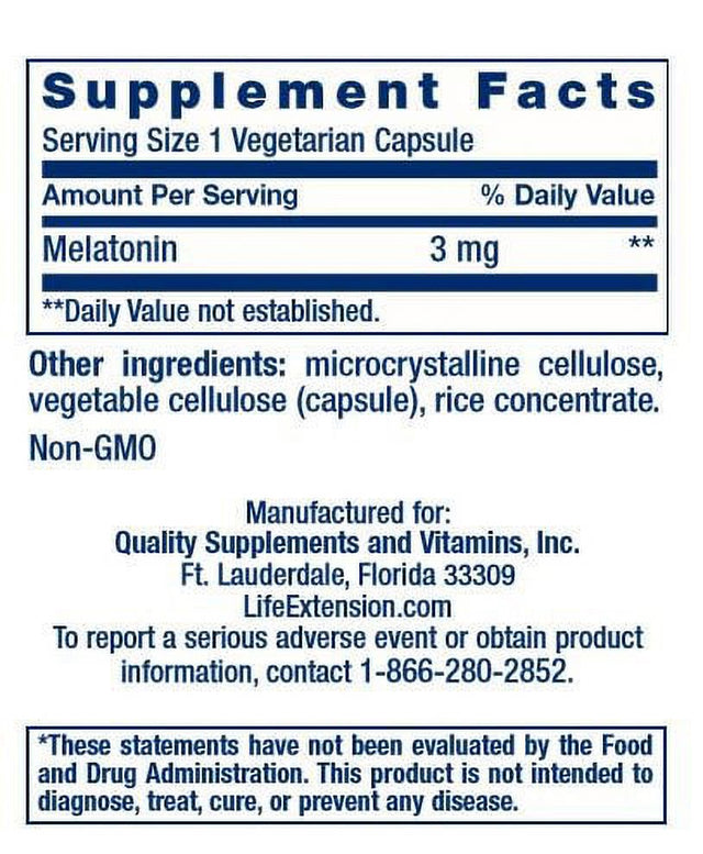 Life Extension Melatonin Vegetarian Capsules, 3Mg, 60 Ct