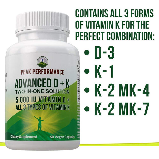 Advanced Vitamin D 5000 IU with All 3 Types of Vitamin K by Peak Performance. Vitamin D3 and Vitamin K2, K1, MK-7 (MK7), MK4 Supplement. 60 Small and Easy to Swallow Vegetable Pills (5000