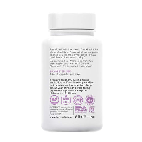 Hormesis® Micronized Trans Resveratrol 600Mg with Patented Bioperine® and MCT Oil (70 Capsules)