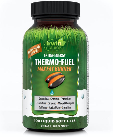 Irwin Naturals Extra-Energy Thermo-Fuel Max Fat Burner - 100 Liquid Soft-Gels - Fuel Thermogenesis & Boost Energy Production - with Green Tea, L-Carnitine & Garcinia - 33 Servings