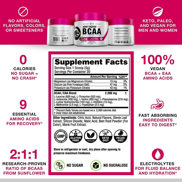 Honey Badger Pre Workout Powder & BCAA Amino Acids Powder Bundle | Beta Alanine, Caffeine & Vitamin C + Electrolytes | Vegan Keto Sugar Free & Paleo for Men & Women | 30 Servings (Wild Berry)