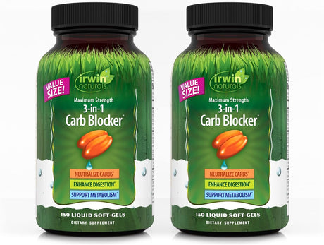 Irwin Naturals Maximum Strength 3-In-1 Carb Blocker - Neutralize Carbohydrates and Support Metabolism - 150 Liquid Softgels Twin Pack