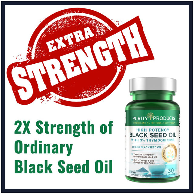 High Potency Black Seed Oil - Double Strength + Cold Pressed - 3% Thymoquinone - 500 Mg Black Cumin Seed Oil - Omega 6 + 9 Essential Fatty Acids - Easy to Swallow, Just One per Day - 30 Mini Softgels