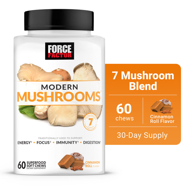Force Factor Modern Mushrooms Soft Chews, Mushroom Supplement to Support Energy, Focus, Immunity, & Digestion with Cordyceps, Turkey Tail, Chaga, Reishi, & Lion’S Mane, Cinnamon Roll, 60 Soft Chews